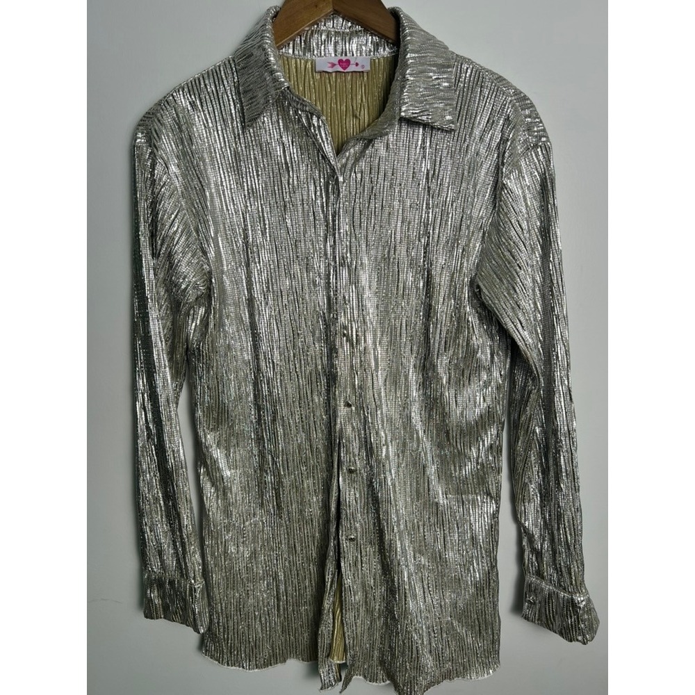 SM Buddy Love Veronica Metallic Silver Gold Pleated Button Down Blouse Top Disco